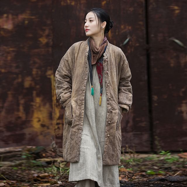 Lewwe-Stand Collar Tie Dye Frog Buttoned Ramie Long Coat