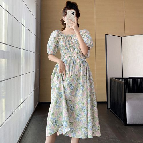 Empressa - Maternity Puff-Sleeve Square-Neck Floral Print Smocked Midi  A-Line Dress