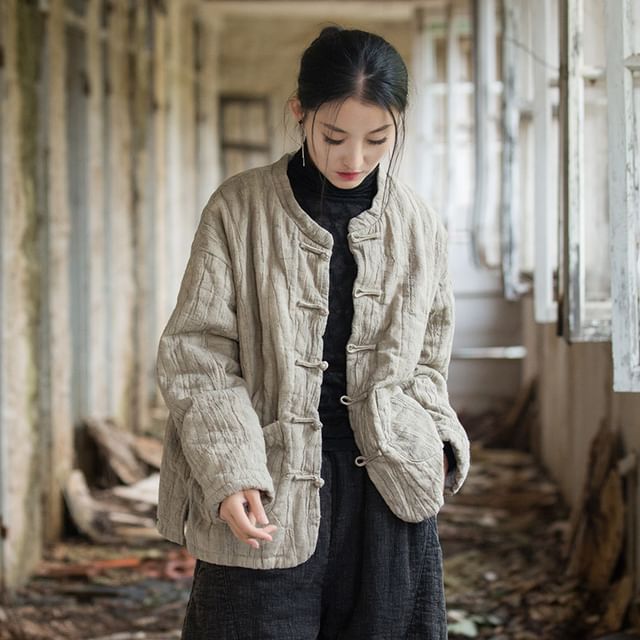 Lewwe-Stand Collar Tie Dye Frog Buttoned Ramie Jacket