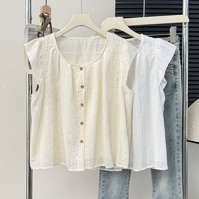 Lemongrass-Sleeveless Eyelet Light Shirt