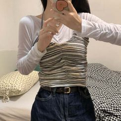 monroll - Long-Sleeve Shirred T-Shirt / Halter-Neck Striped Shirred Camisole Top monroll - Long-Sleeve Shirred T-Shirt / Halter-Neck Striped Shirred Camisole Top