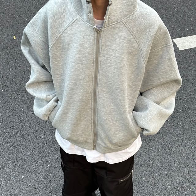 DragonRoad-High Neck Zip-Up Plain Jacket