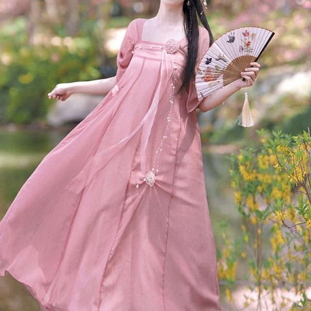 Tangier - Traditional Chinese Short-Sleeve Square Neck Plain Midi A-Line  Dress / Flower Brooch