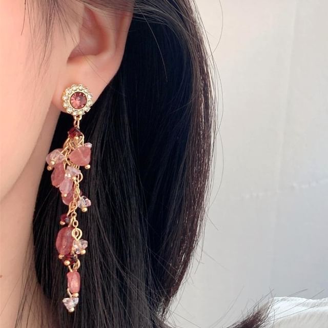 Dashiro-Rhinestone Gemstone Fringed Drop Earring Clip-On Earring