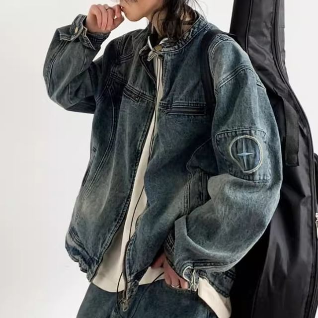 WidoWilder-Stand Collar Washed Denim Zip Jacket