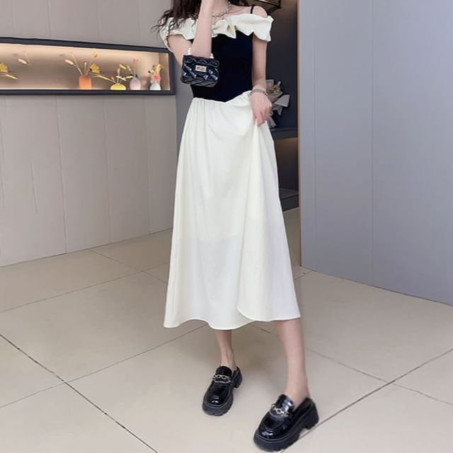 Woohan-Cold-Shoulder Two Tone Ruffle Midi A-Line Dress