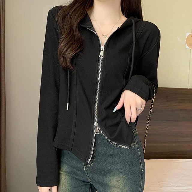 monroll-Drawstring Zip-Up Plain Hoodie