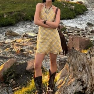 monroll-Halter Plaid Mini A-Line Dress