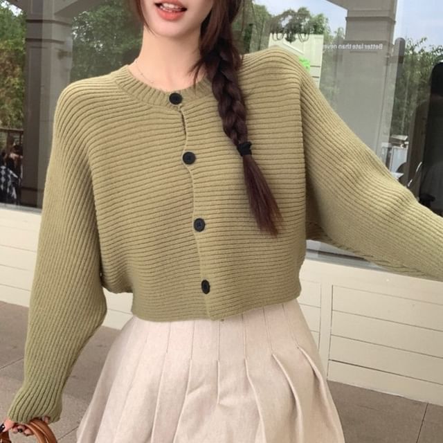 Allinya-Round Neck Ribbed Cropped Cardigan