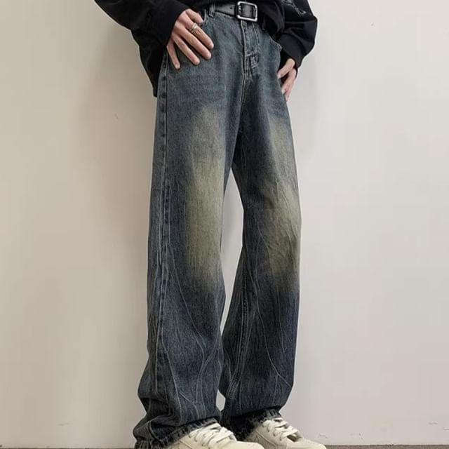Kimeya-Mid Waist Washed Straight Leg Jeans