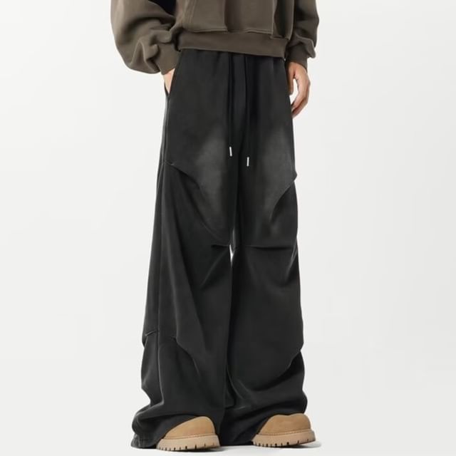Nataro-Drawstring Waist Washed Ruched Wide Leg Pants