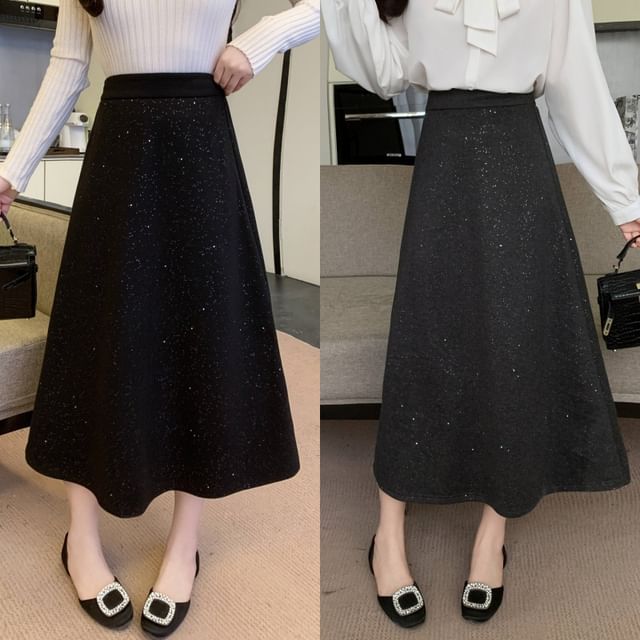 CULLIGEN-High Rise Plain Glitter Midi A-Line Skirt