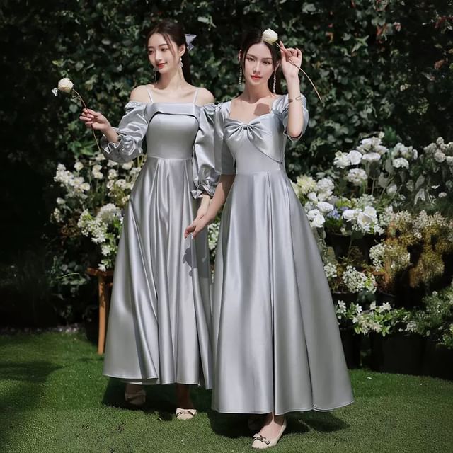DreesHouse - Puff-Sleeve Plain Maxi A-Line Bridesmaid Dress | YesStyle