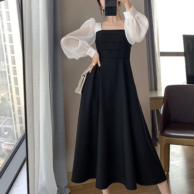 Elbelier - Lantern-Sleeve Mesh Panel Midi A-Line Dress | YesStyle