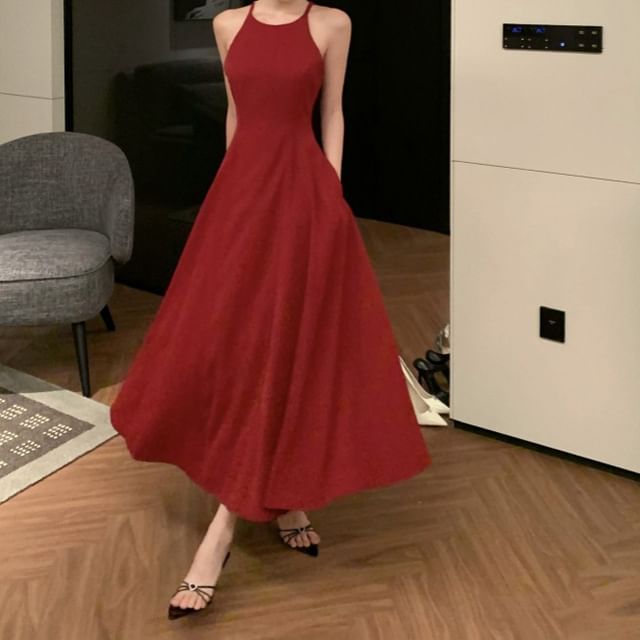 Morning Glory-Spaghetti Strap Plain Midi A-Line Dress