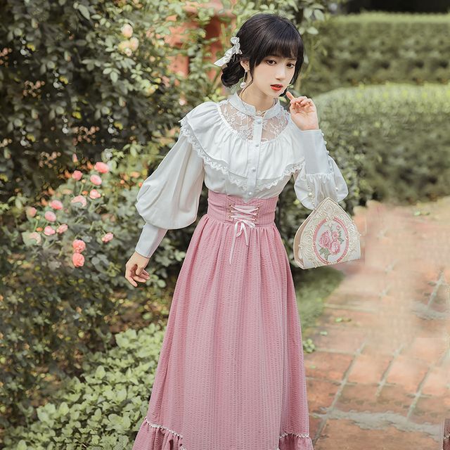 Nebbia Puff-Sleeve Lace Panel Blouse Lace-Up Midi A-Line Skirt