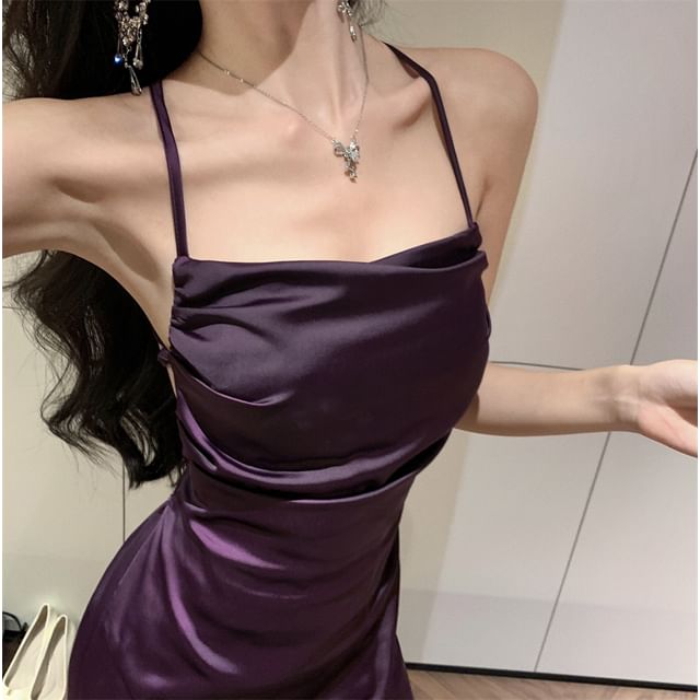 JIYON-Spaghetti Strap Plain Ruched Slit Maxi A-Line Dress