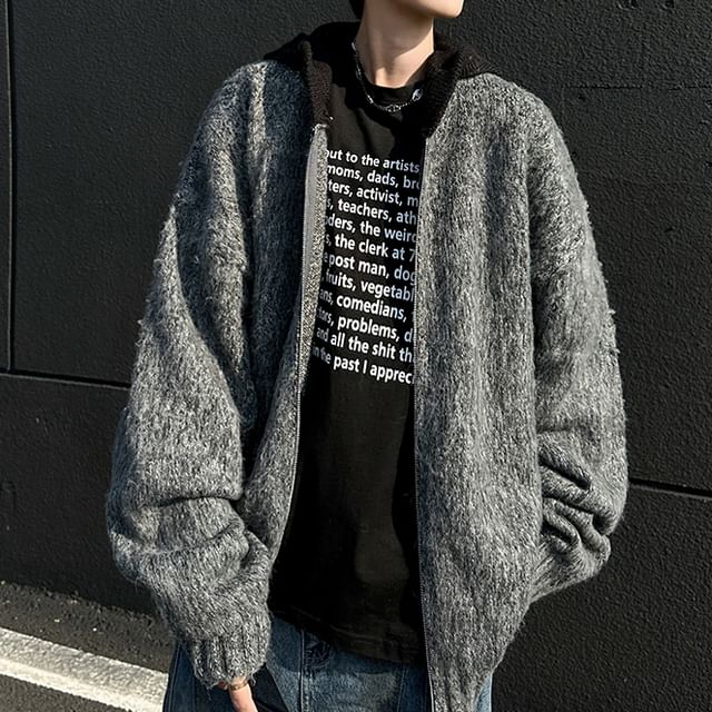 Trimecca-two Tone Hooded Oversized Zip Cardigan
