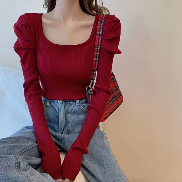 Sisyphi-Puff Sleeve Square Neck Ribbed Knit Top