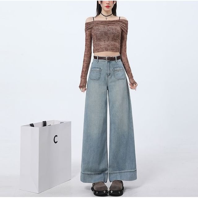 Denimot-High Rise Washed Wide Leg Jeans