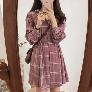 KiTi Long Sleeve Plaid A Line Mini Shirt Dress