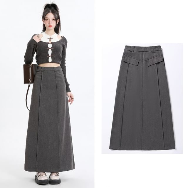 Denimot-High Rise Plain Panel Maxi A-Line Skirt