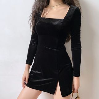 black long sleeve square neck dress