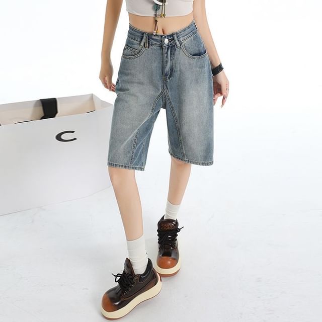 Denimot-High Waist Washed Wide Leg Jorts
