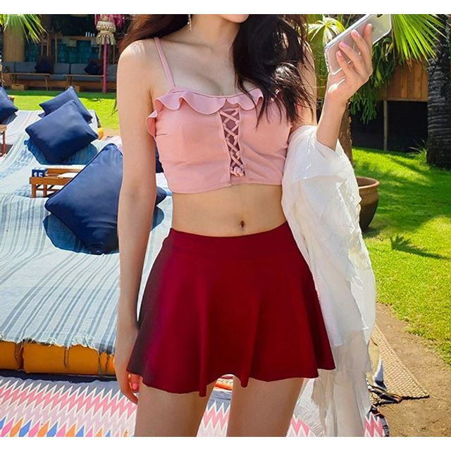 CUCURBIT - Set: Spaghetti Strap Tankini Top + Swim Skirt | YesStyle