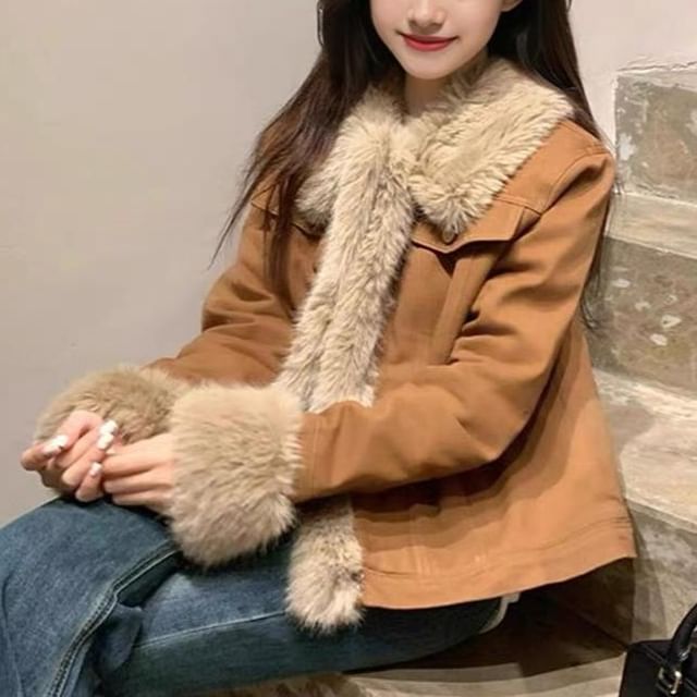 KUMI-Collar Fleece Panel Denim Padded Button Jacket