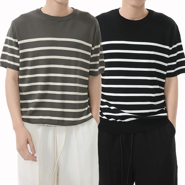 FAERIS-Short Sleeve Crew Neck Striped Knit Top