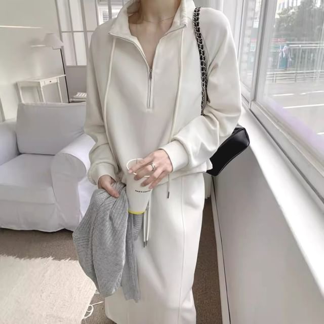 Lewwe-Long Sleeve Stand Collar Plain Half Zip Pullover Drawstring Waist Maxi Pencil Skirt