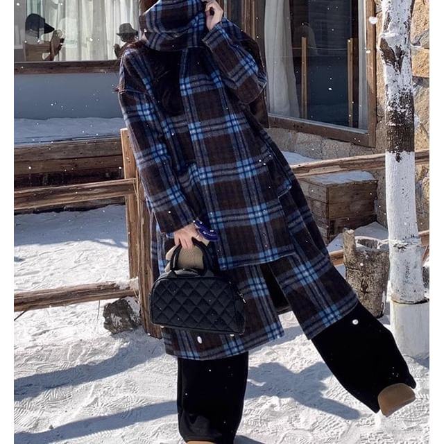 Trendycas-Plaid Midi Single-Breasted Coat