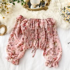 Lucuna - Long-Sleeve Floral Pattern Smocked Cropped Top Lucuna - Long-Sleeve Floral Pattern Smocked Cropped Top