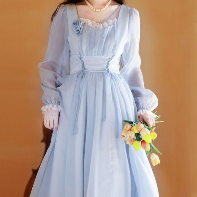 Pantho - Long-Sleeve Lace Trim Flower Accent Midi A-Line Dress | YesStyle