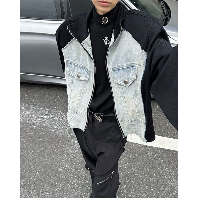 Freehop-Raglan-Sleeve Stand Collar Washed Denim Panel Zip Jacket