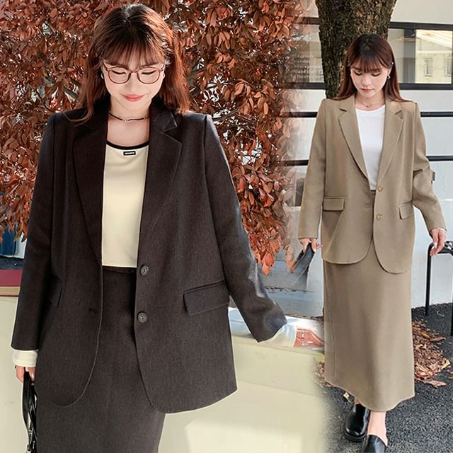 Appelsin-Notch Lapel Plain Single-Breasted Blazer High Waist Slit Midi Straight Skirt