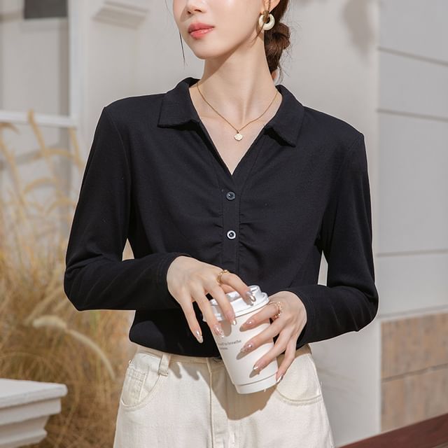 Dragan Pulse-Long Sleeve V-Neck Collared Plain Ruched Shirt
