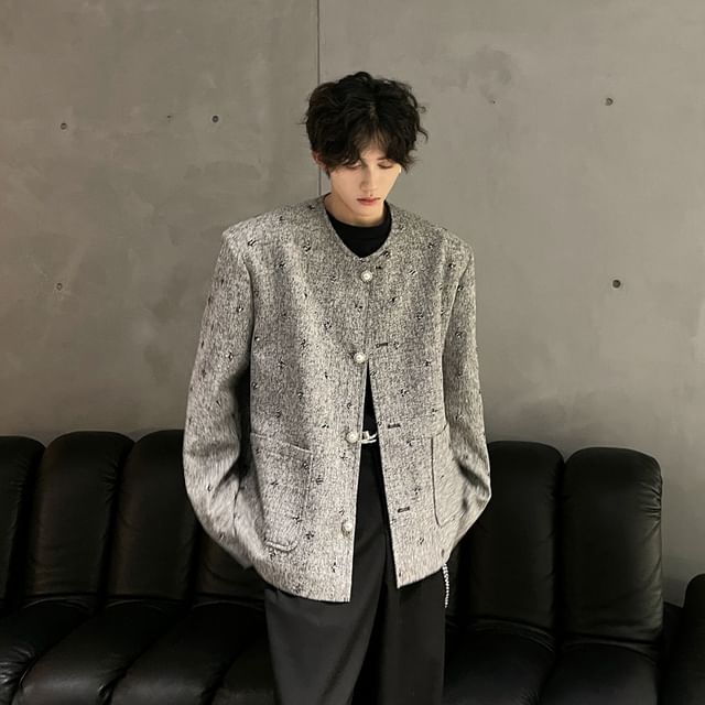 Orungeetun-Round Neck Tweed Button Jacket
