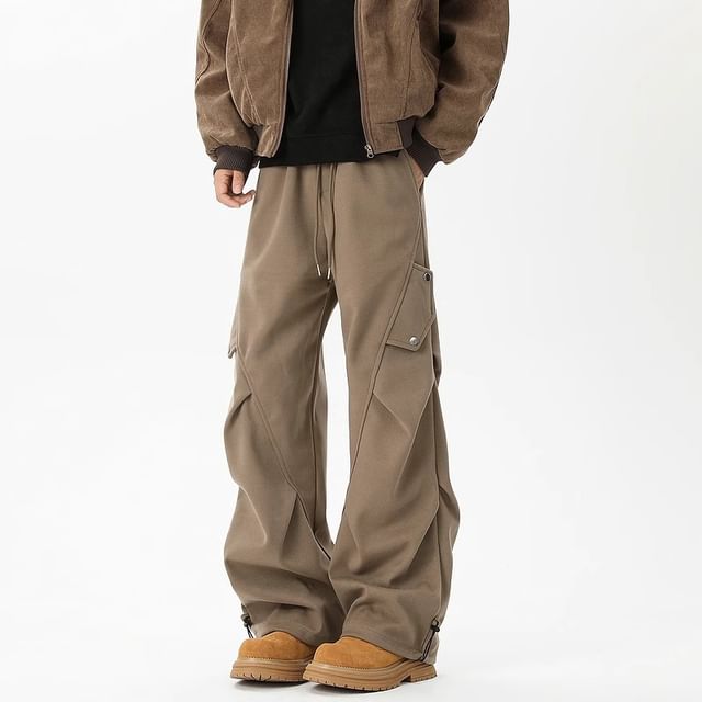 DuckleBeam-Mid Rise Plain Ruched Wide Leg Pants