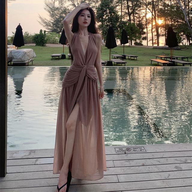 Moanum-Sleeveless V-Neck Plain Maxi A-Line Dress