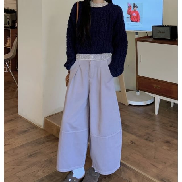 Trendycas-Long-Sleeve Mock Neck Dotted Top Round Neck Plain Cable Knit Cropped Sweater High Waist Cropped Culottes