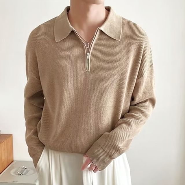 farrahces-Long-Sleeve Collared Plain Half Zip Knit Top