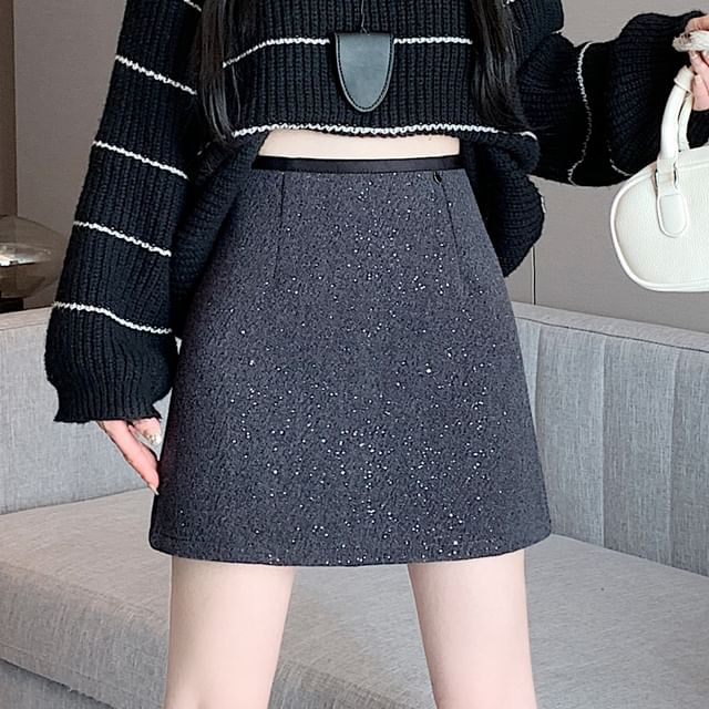 Magimomo-High Rise Sequined Mini A-Line Skirt