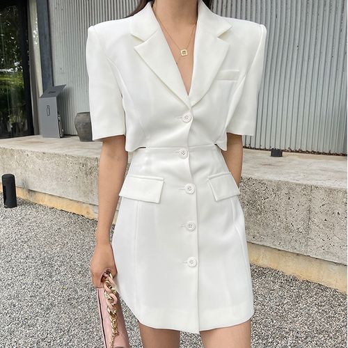 knee length dresses for ladies White Puff Sleeve Single Breasted Mini Fitted Blazer Dress main image 0