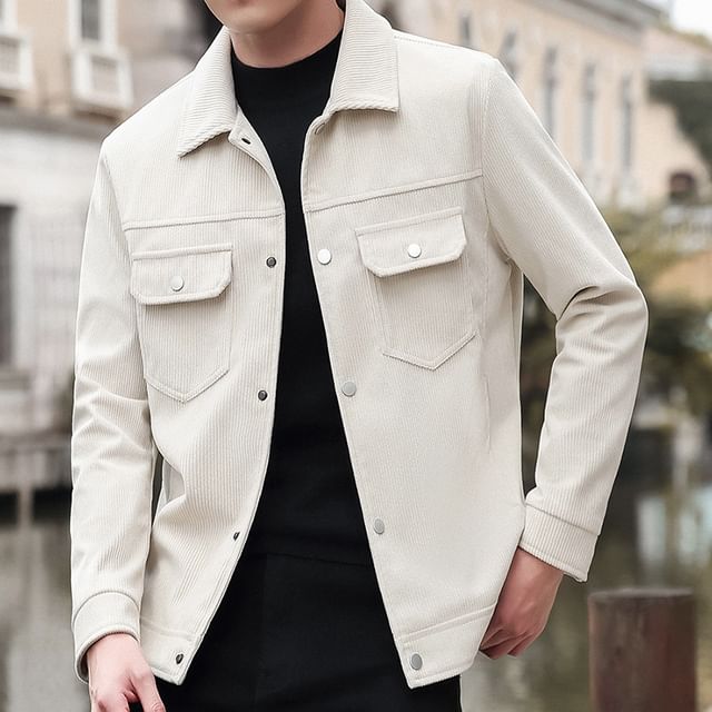 Dandyluxe-Collared Plain Button-Up Corduroy Jacket