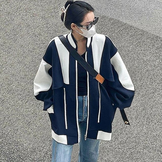Porstina-Mock Neck Two-Tone Zip-Up Jacket