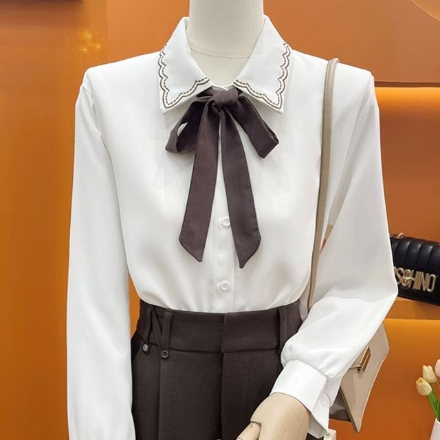 MISSJAND - Long-Sleeve Collared Embroidered Tie Front Blouse / High ...