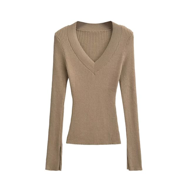 Hollahop-Long Sleeve V-Neck Plain Ribbed Knit Top