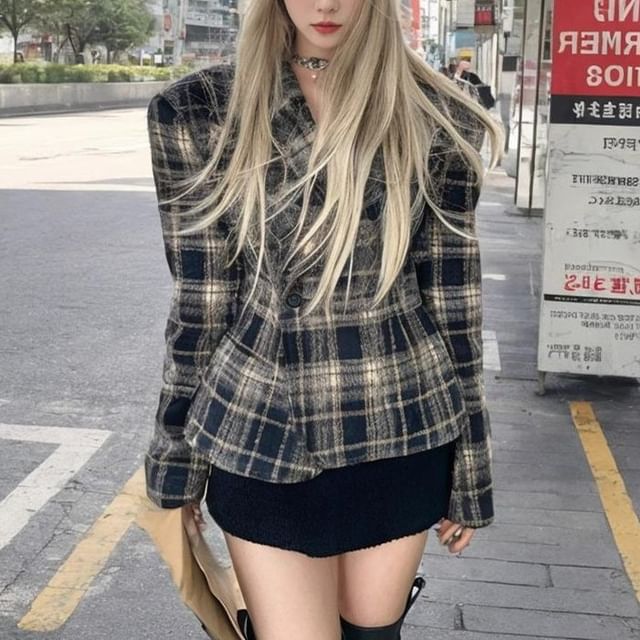 Metonymph-Lapel Collar Plaid Double Breasted Blazer